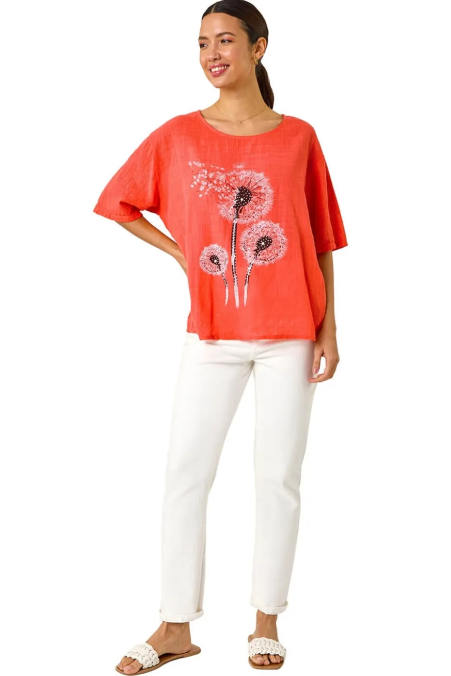 Roman Coral Dandelion Hotfix Tunic Top