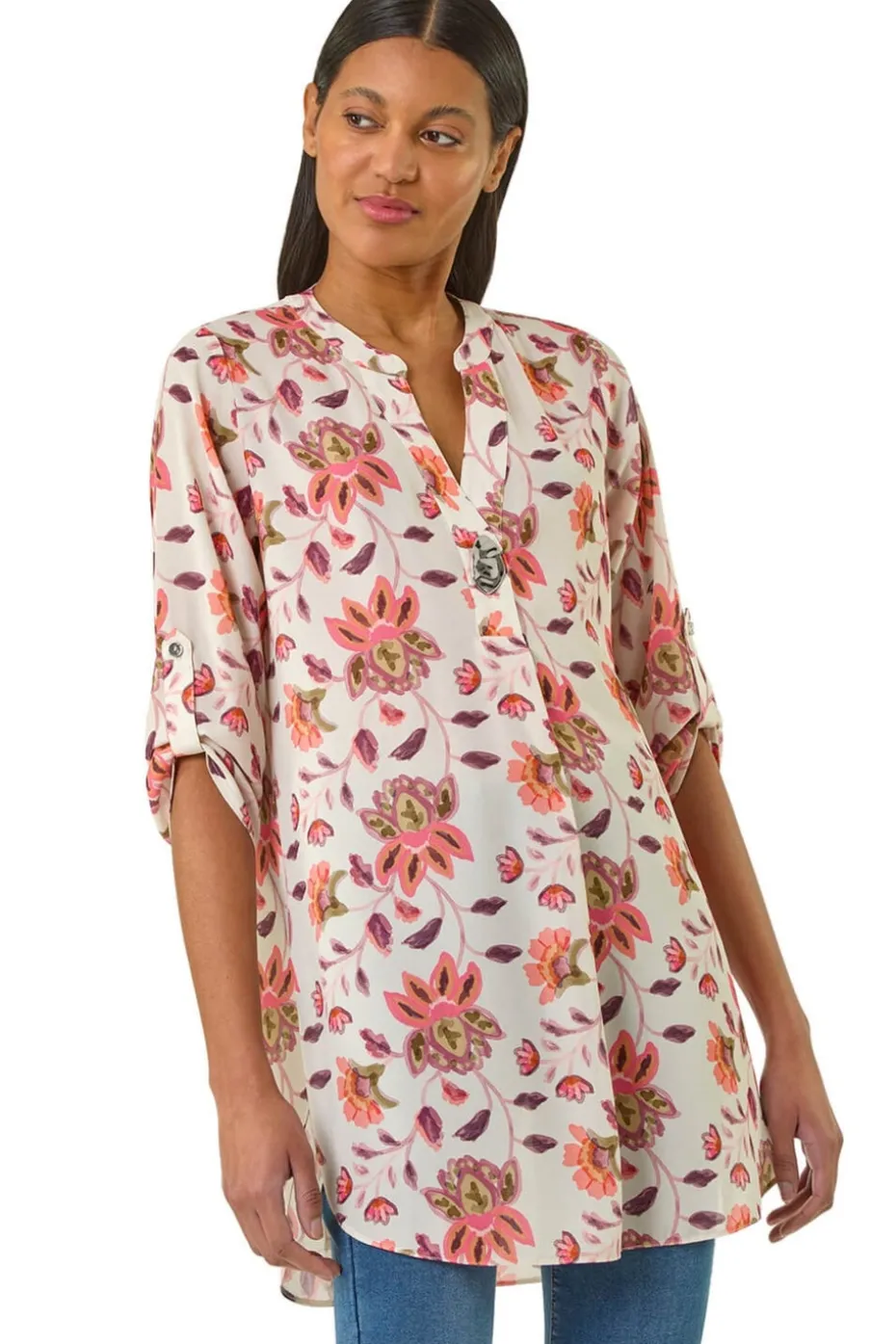 Roman Coral Floral Print Button V-Neck Tunic Top
