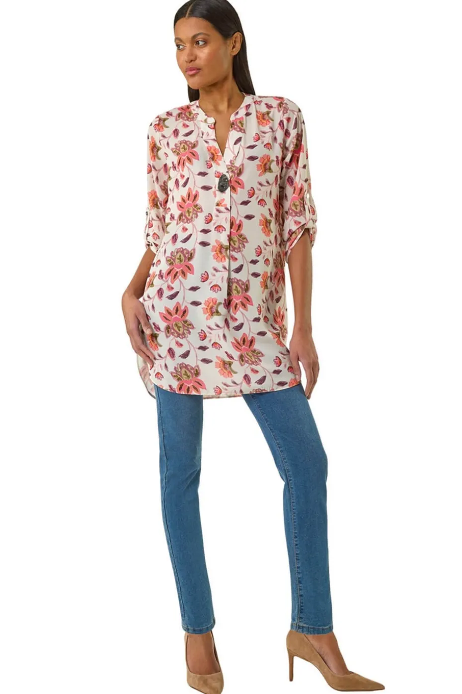 Roman Coral Floral Print Button V-Neck Tunic Top