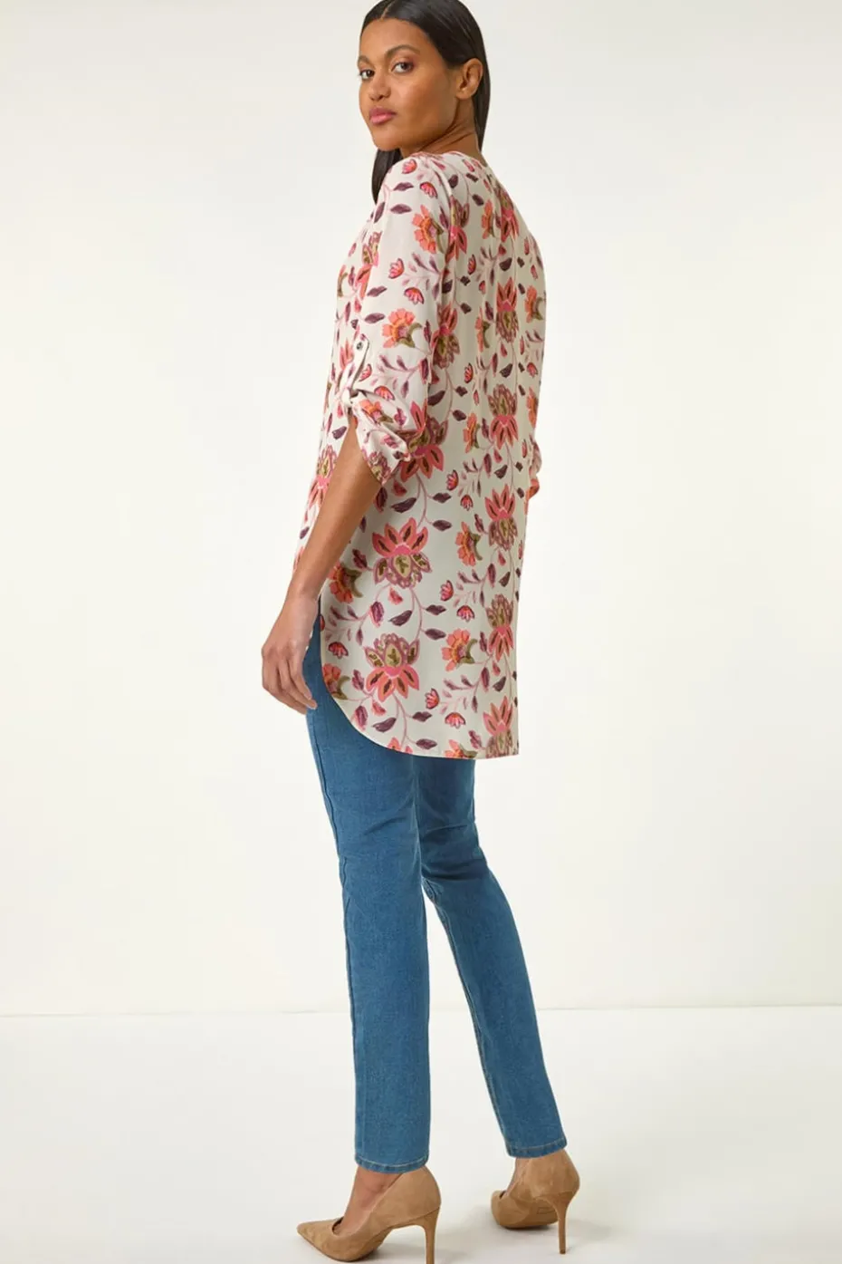 Roman Coral Floral Print Button V-Neck Tunic Top