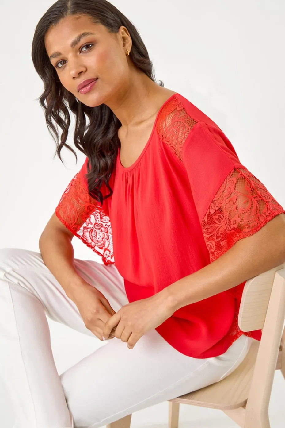 Roman Coral Gathered Lace Insert Sleeve Top