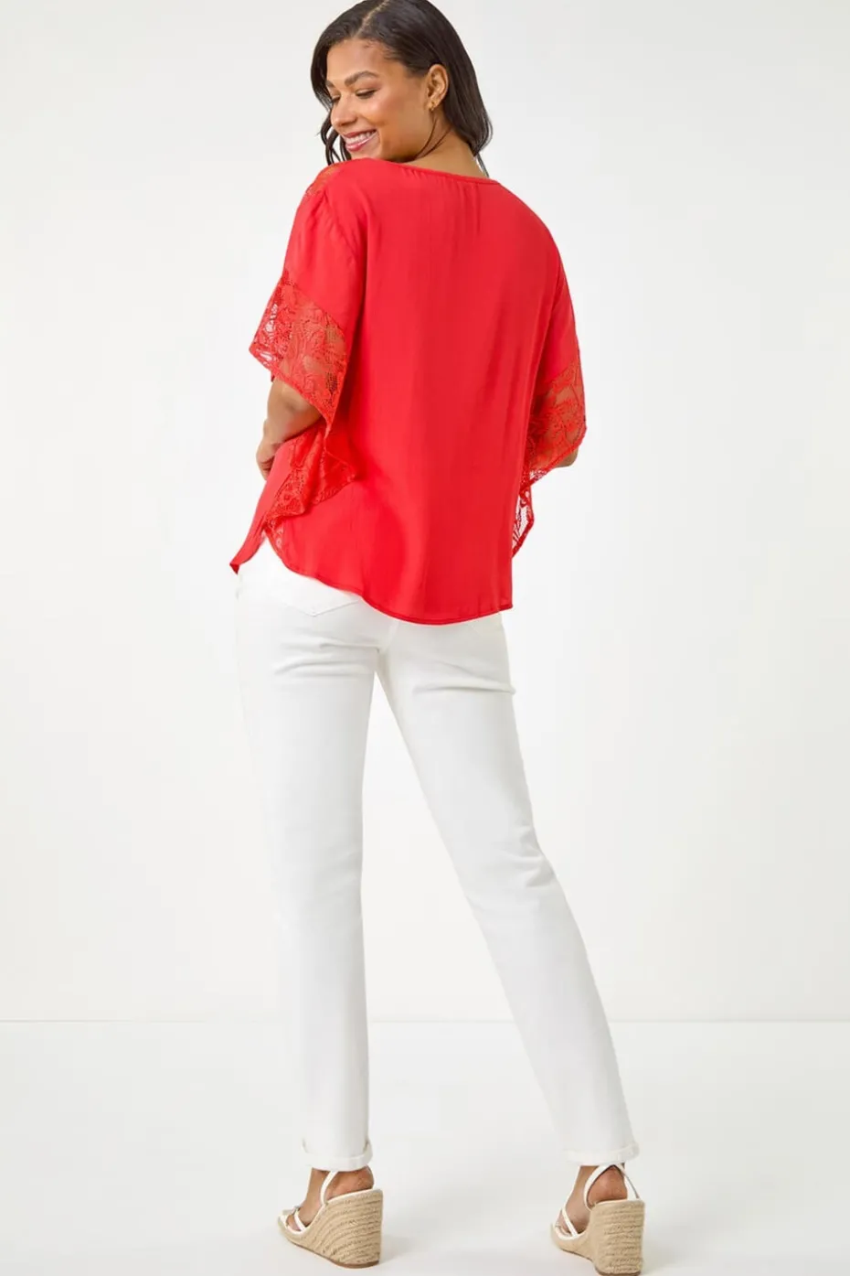 Roman Coral Gathered Lace Insert Sleeve Top
