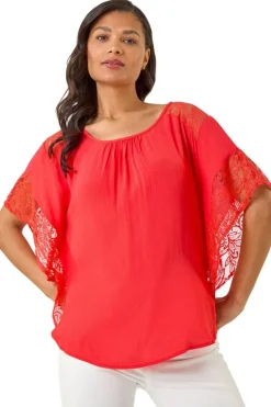 Roman Coral Gathered Lace Insert Sleeve Top