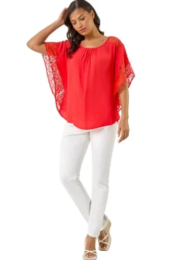 Roman Coral Gathered Lace Insert Sleeve Top