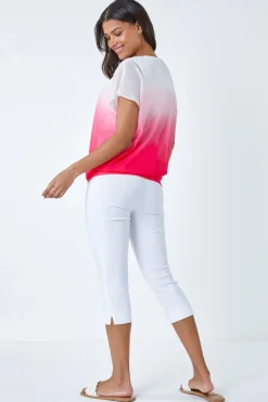 Roman Coral Ombre Chiffon Overlay Blouson Top