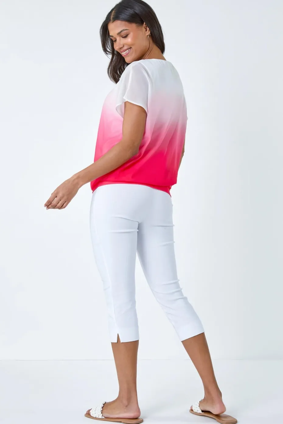 Roman Coral Ombre Chiffon Overlay Blouson Top