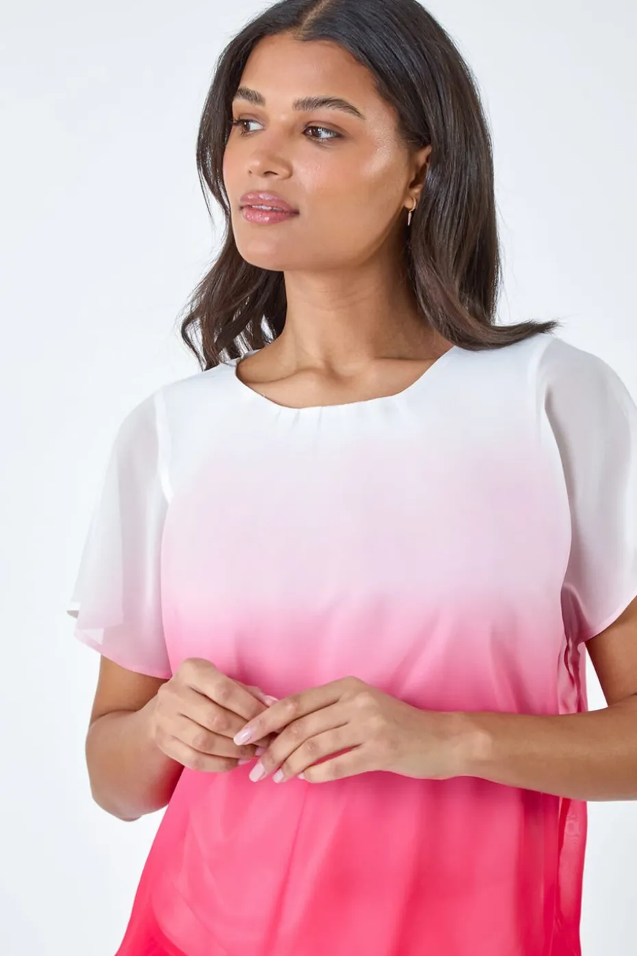 Roman Coral Ombre Chiffon Overlay Blouson Top