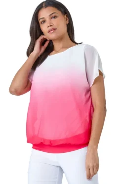 Roman Coral Ombre Chiffon Overlay Blouson Top