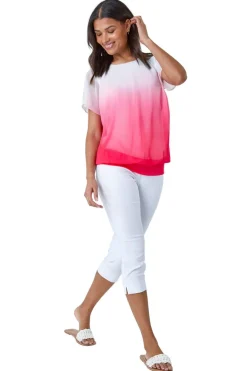 Roman Coral Ombre Chiffon Overlay Blouson Top