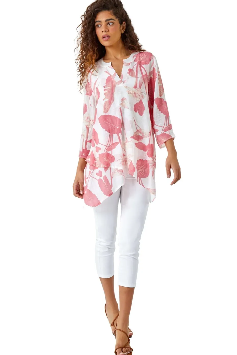 Roman Coral Palm Print V-Neck Wrap Hem Tunic Top