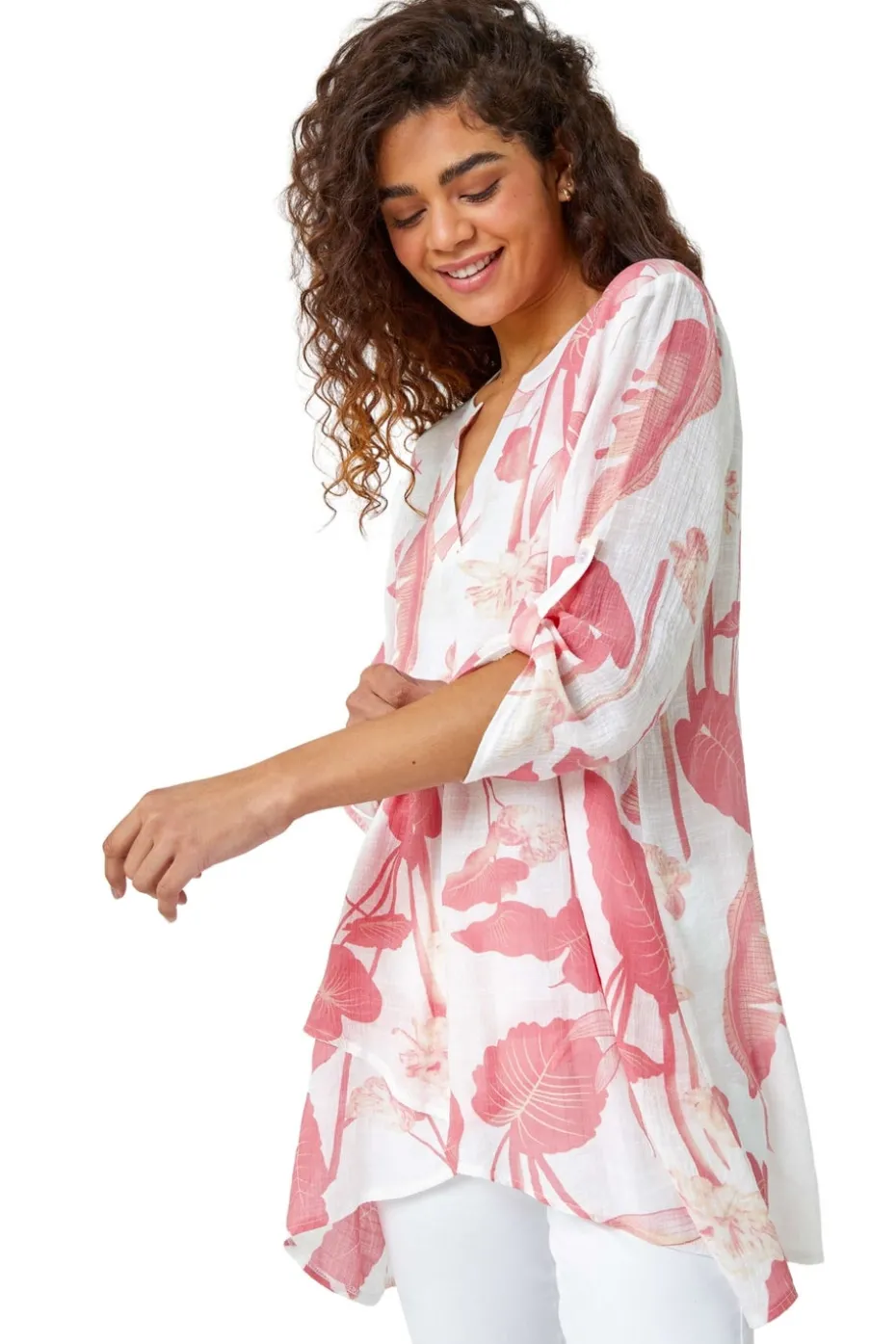 Roman Coral Palm Print V-Neck Wrap Hem Tunic Top