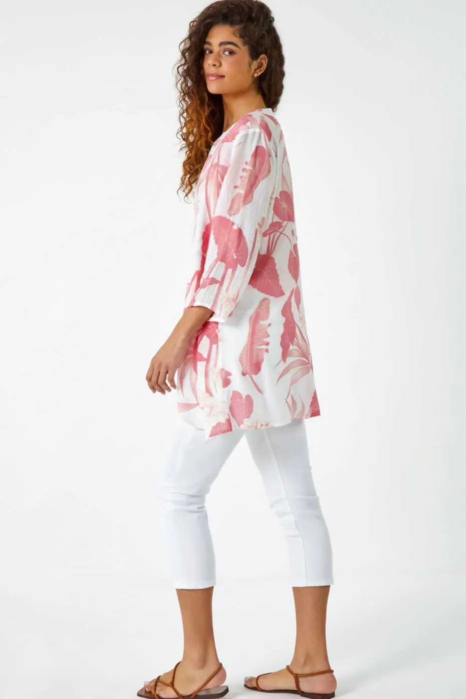Roman Coral Palm Print V-Neck Wrap Hem Tunic Top