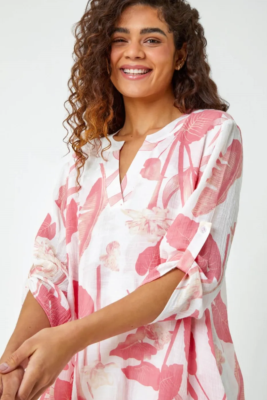 Roman Coral Palm Print V-Neck Wrap Hem Tunic Top