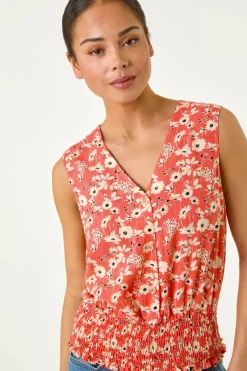 Roman Coral Petite Ditsy Shirred Blouson Top