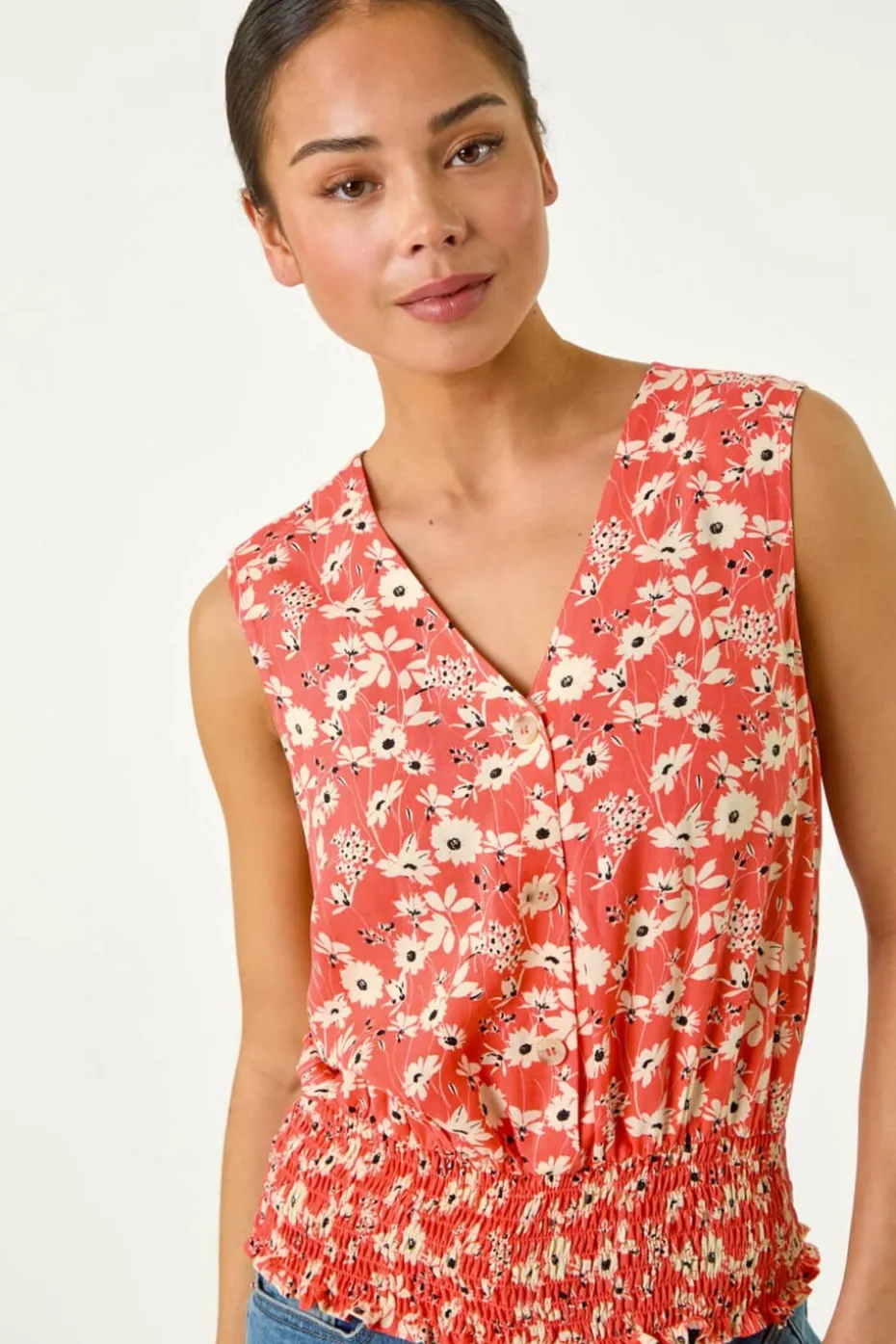 Roman Coral Petite Ditsy Shirred Blouson Top