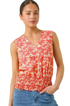 Roman Coral Petite Ditsy Shirred Blouson Top