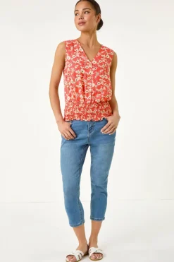 Roman Coral Petite Ditsy Shirred Blouson Top