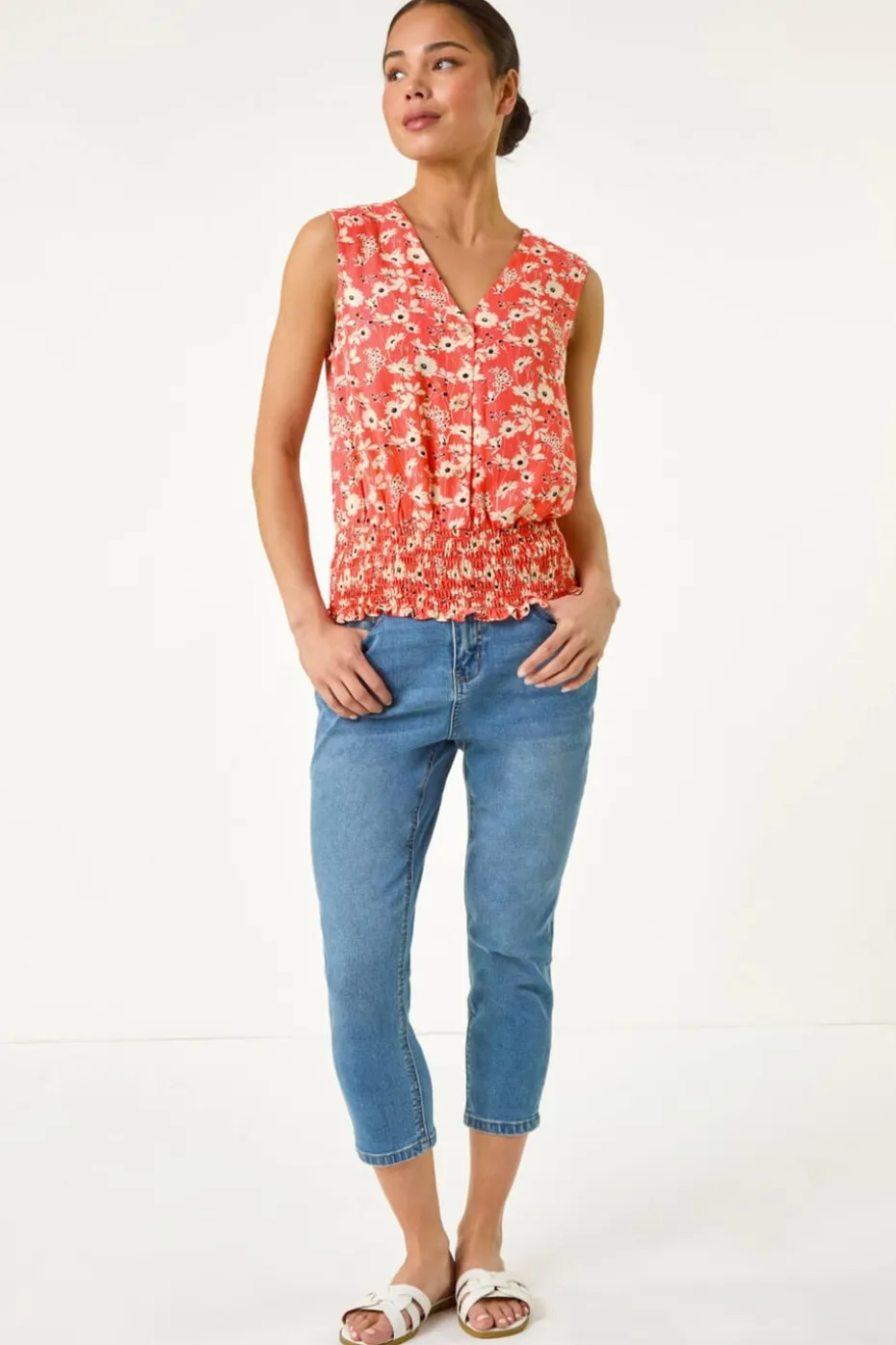 Roman Coral Petite Ditsy Shirred Blouson Top