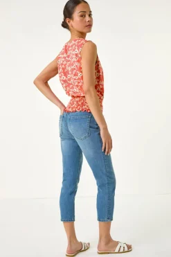 Roman Coral Petite Ditsy Shirred Blouson Top