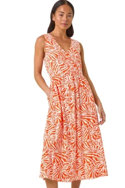 Roman Coral Petite Linen Mix Midi Dress