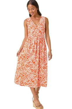 Roman Coral Petite Linen Mix Midi Dress