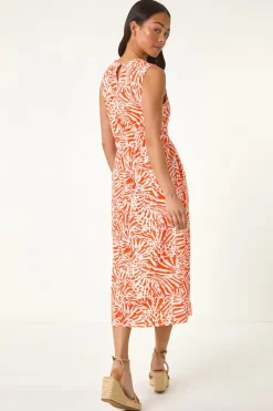 Roman Coral Petite Linen Mix Midi Dress