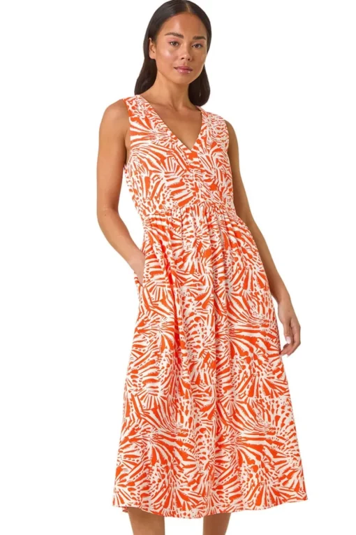 Roman Coral Petite Linen Mix Midi Dress