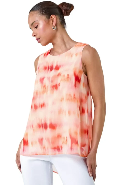 Roman Coral Petite Sleeveless Tie Dye Print Top
