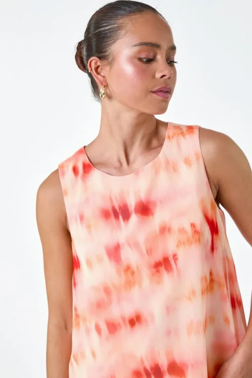 Roman Coral Petite Sleeveless Tie Dye Print Top