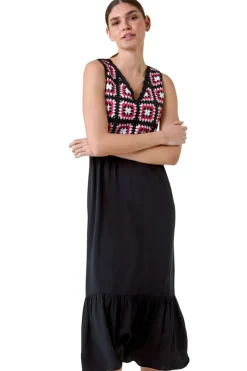 Roman Coral Sleeveless Crochet Fit & Flare Midi Dress