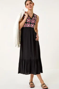 Roman Coral Sleeveless Crochet Fit & Flare Midi Dress