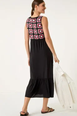 Roman Coral Sleeveless Crochet Fit & Flare Midi Dress