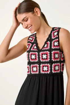 Roman Coral Sleeveless Crochet Fit & Flare Midi Dress