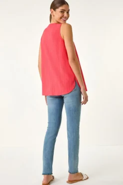 Roman Coral Textured Pleat Front Vest Top