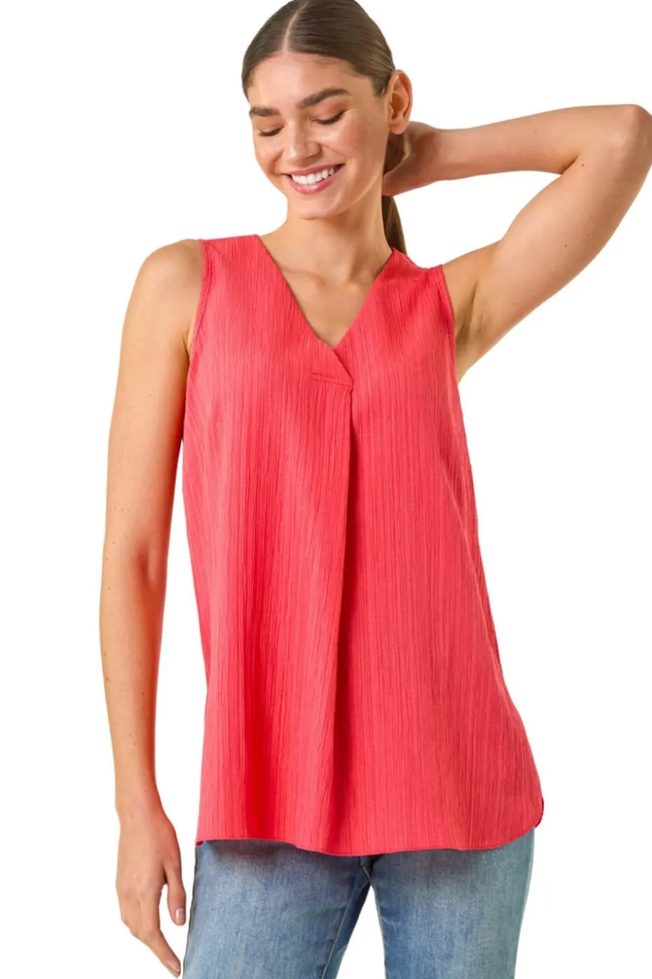 Roman Coral Textured Pleat Front Vest Top