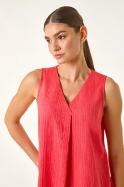 Roman Coral Textured Pleat Front Vest Top