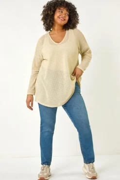 Roman Cream Curve Textured Knit V-Neck Tunic