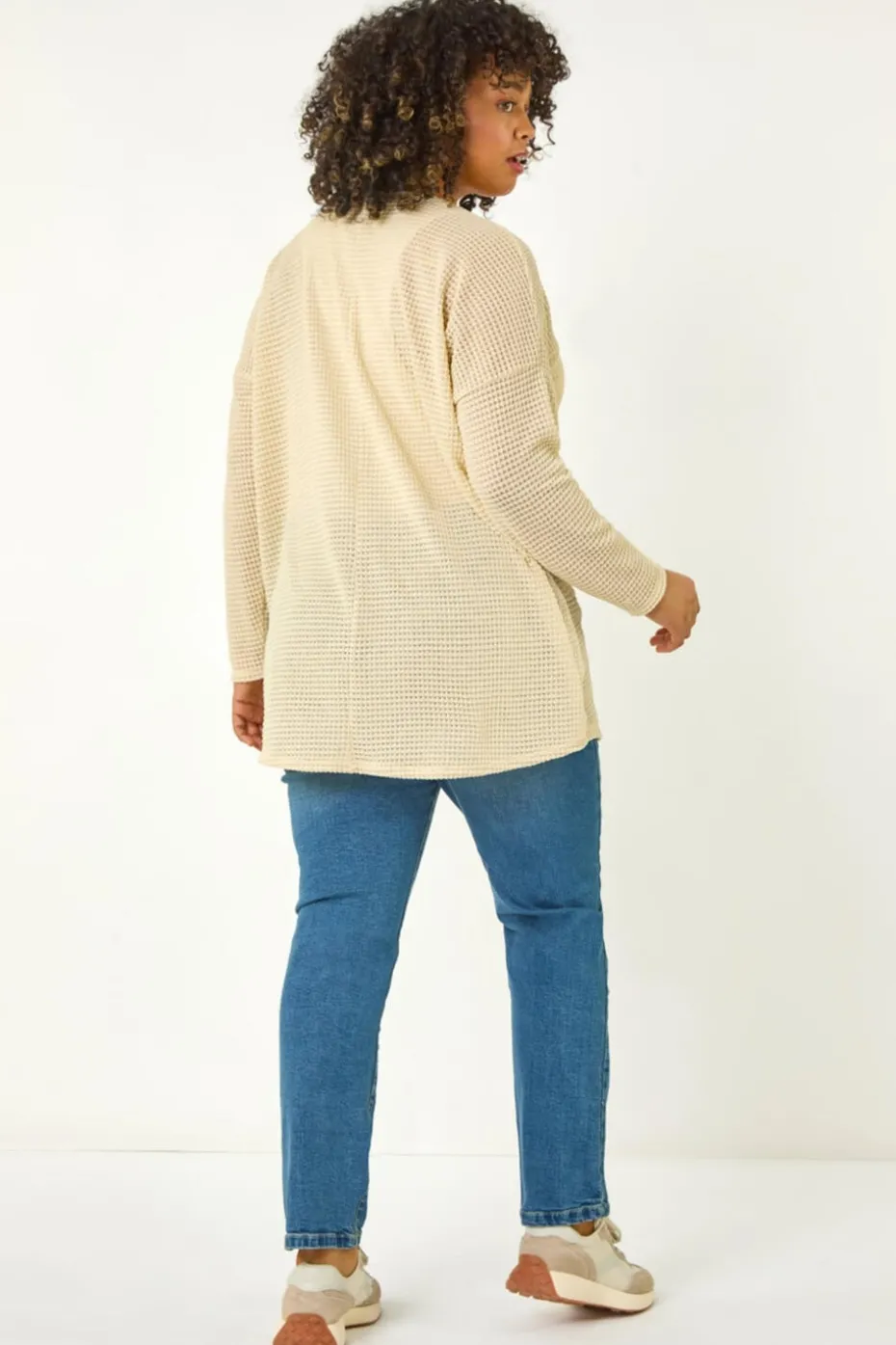 Roman Cream Curve Textured Knit V-Neck Tunic
