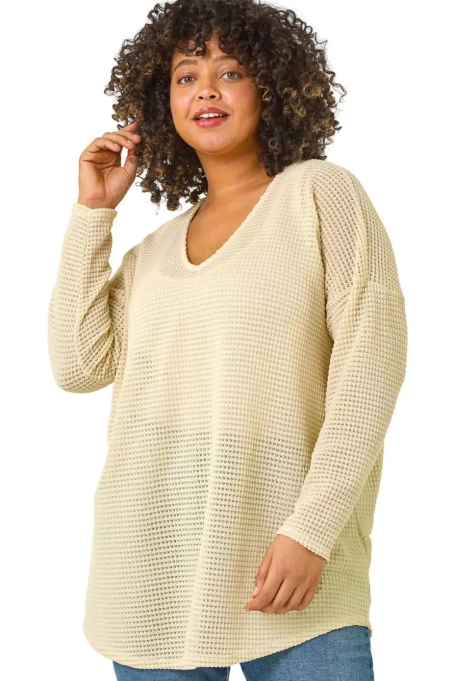 Roman Cream Curve Textured Knit V-Neck Tunic