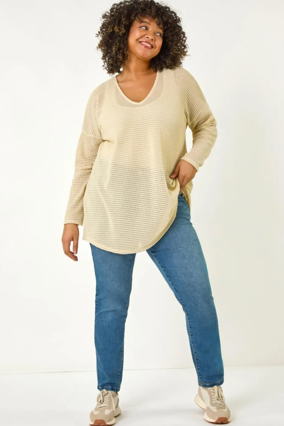 Roman Cream Curve Textured Knit V-Neck Tunic