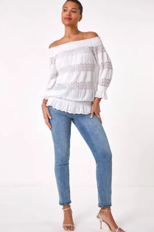 Roman Cream Lace Insert Frill Bardot Top