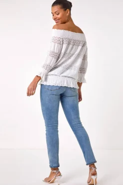 Roman Cream Lace Insert Frill Bardot Top