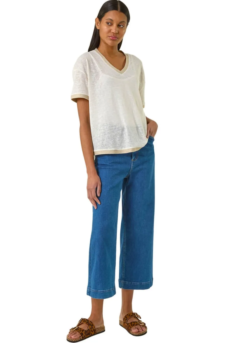 Roman Cream Metallic Trim V-Neck T-Shirt