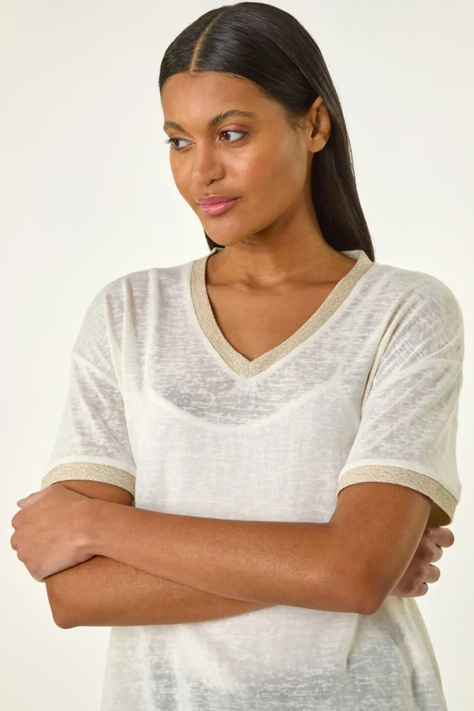 Roman Cream Metallic Trim V-Neck T-Shirt