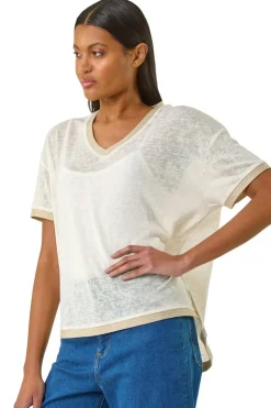 Roman Cream Metallic Trim V-Neck T-Shirt
