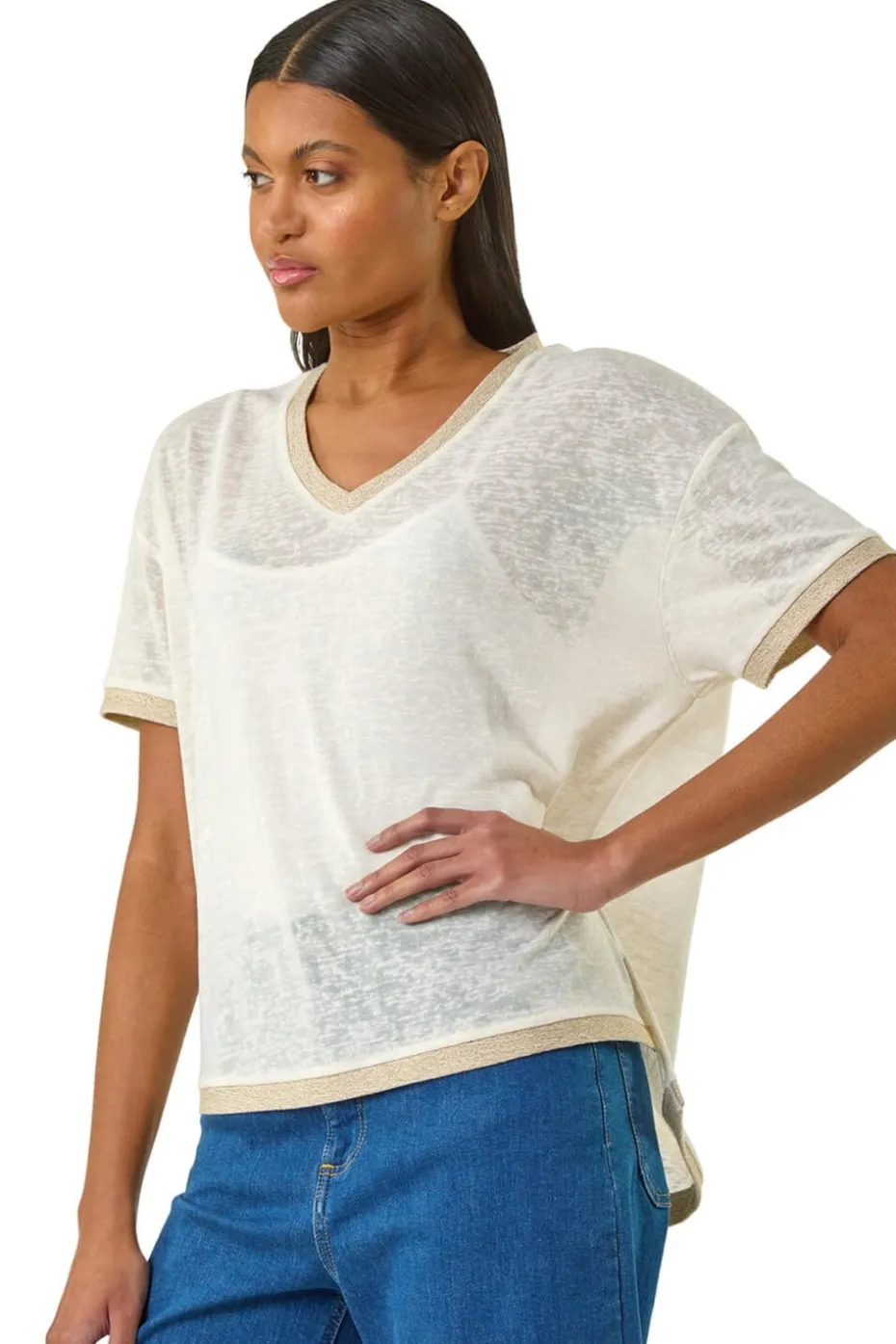Roman Cream Metallic Trim V-Neck T-Shirt
