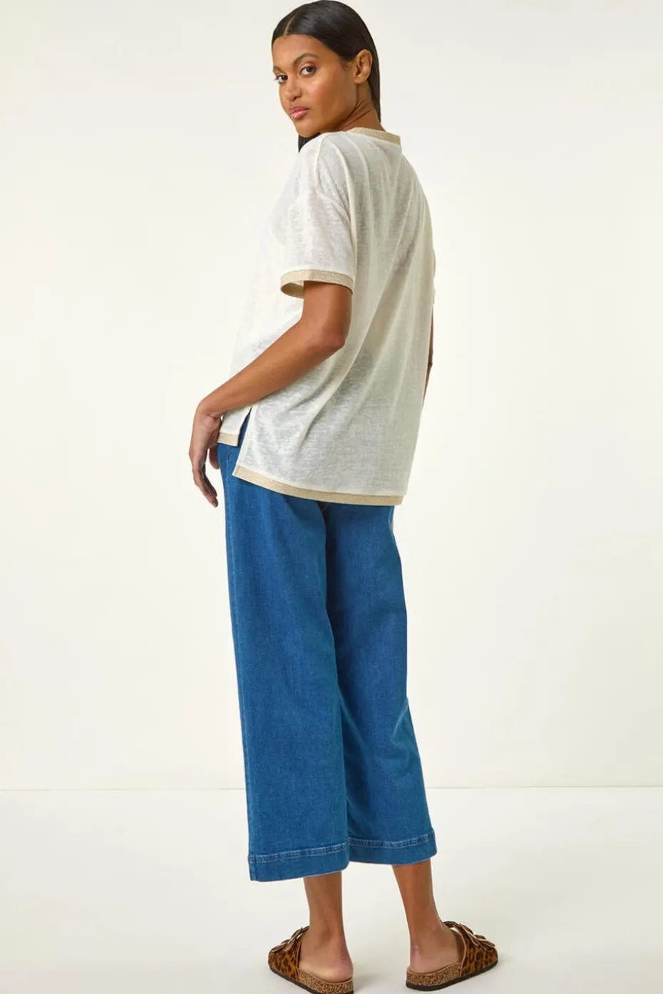 Roman Cream Metallic Trim V-Neck T-Shirt