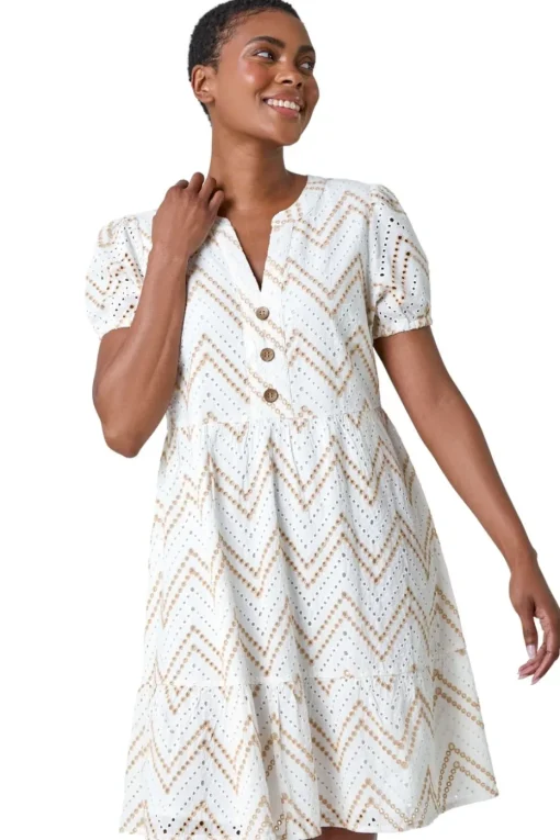 Roman Cream Zig-Zag Embroidered Cotton Tunic Dress