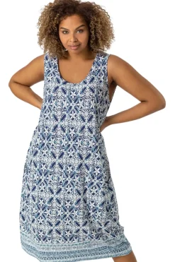 Roman Curve Blue Geo Stretch Cocoon Dress