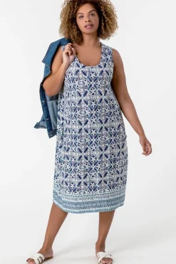 Roman Curve Blue Geo Stretch Cocoon Dress